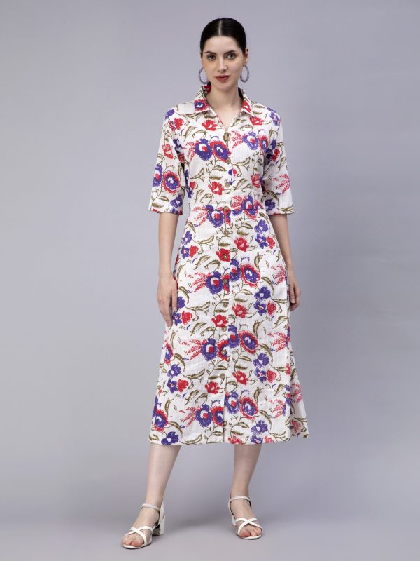 Entellus collar floral-printed soft cotton dress with coconut buttons