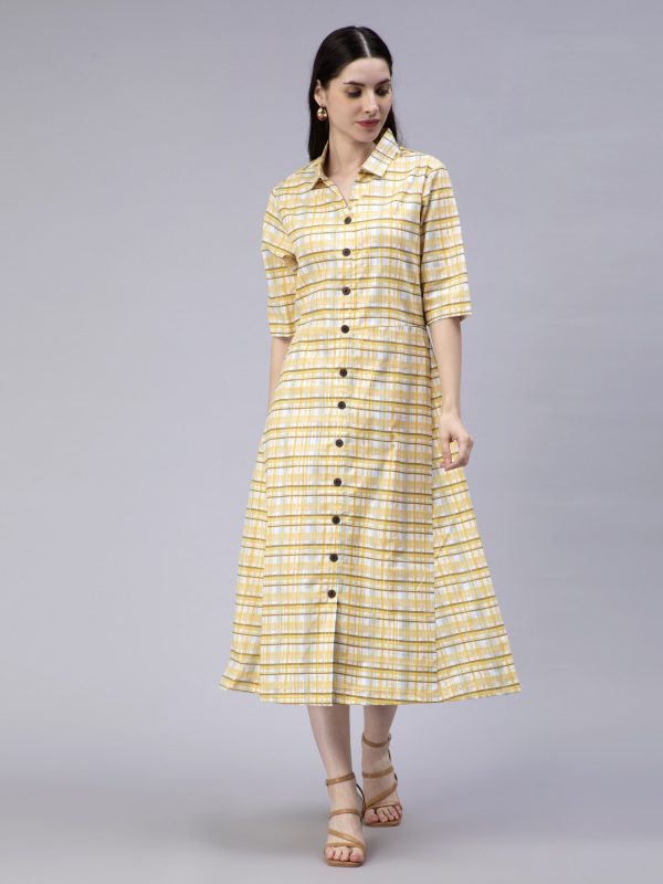 Entellus shirt collar lurex soft cotton dress lemon yellow with coconut buttons in front