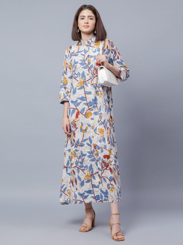 Mandarin Collar A-Line Midi Cotton Dress For Women