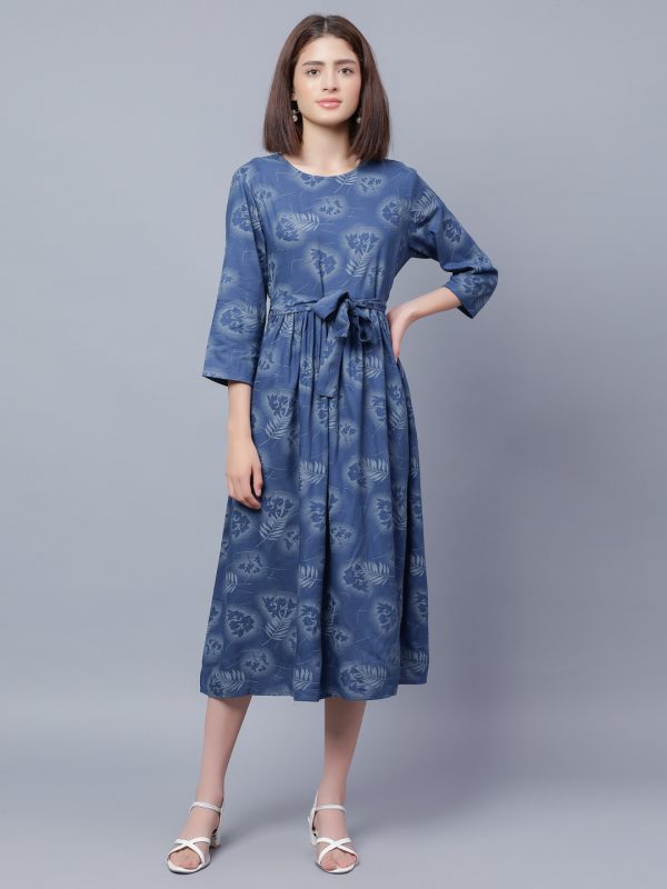 Buy Printed Belted Fit & Flare Midi Dress For women