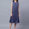 ENTELLUS blue ikkat printed dress with imitation buttons in front