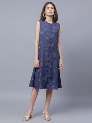 ENTELLUS blue ikkat printed dress with imitation buttons in front