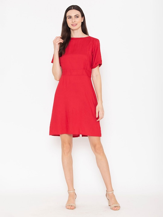 Buy Red Round Neck A-Line Dress Online