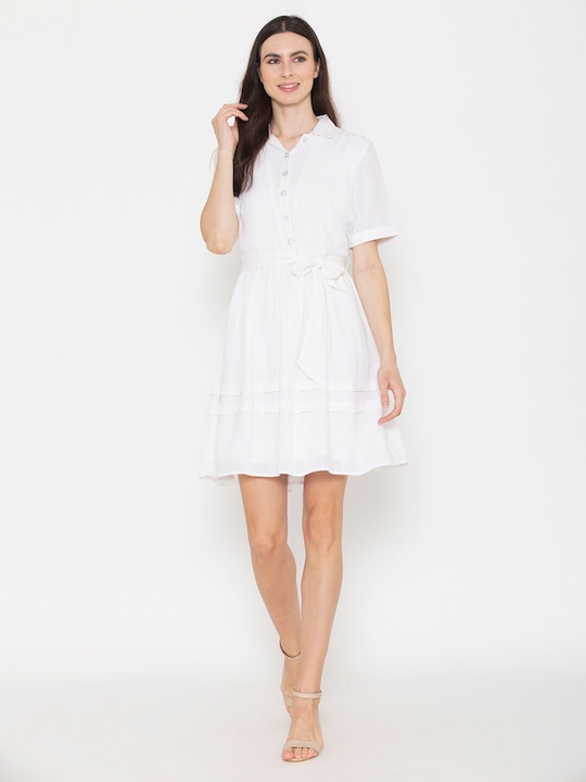 Buy White Cotton Belted Shirt Dress For Girl Online