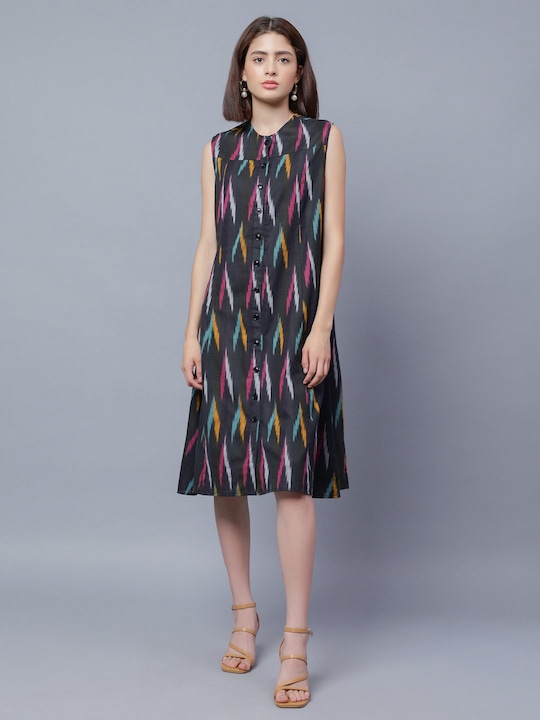 Buy Black & Pink Abstract Printed A-line Dress Online In India