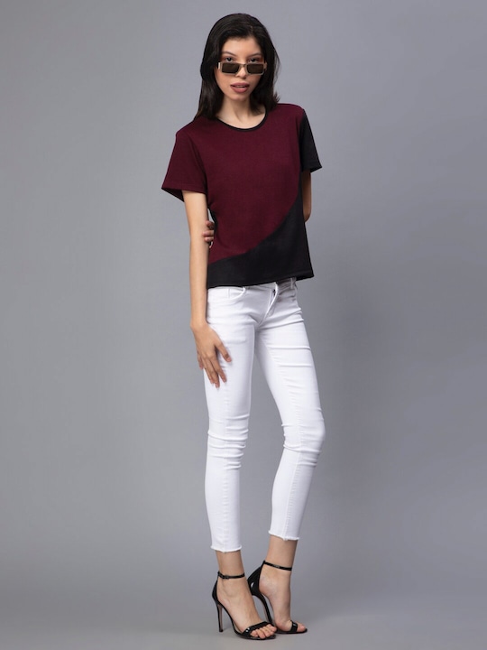 Round Neck Slim Fit Maroon T-shirt For Girl Online