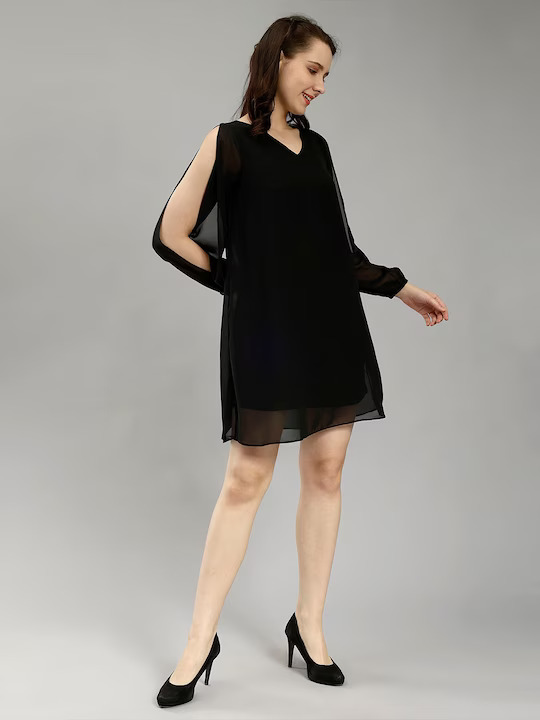Black V-Neck Slit Sleeves A-Line Dress Online in India