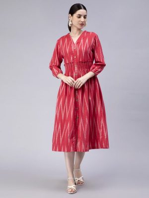 Chevron Printed V-Neck Smocked Cotton A-Line Midi Dress
