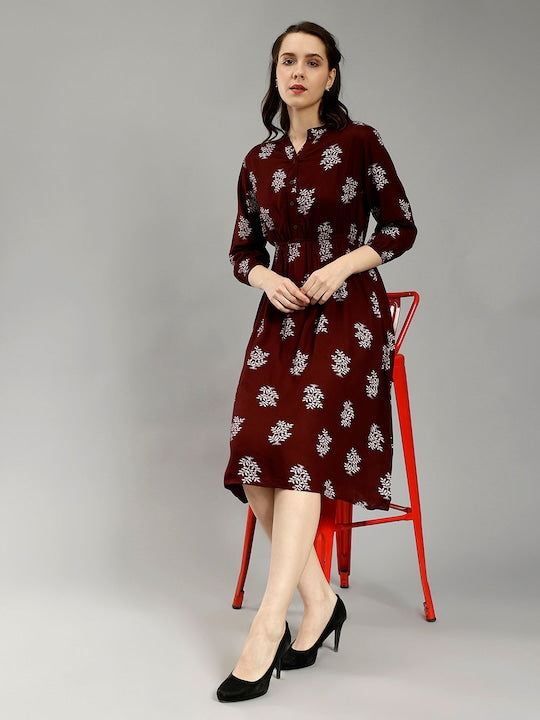 Ethnic Motifs Printed Mandarin Collar Puff Sleeves Cotton Fit &amp; Flare Midi Dress