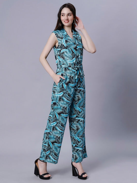 Tropical Printed Notch Lapel Collar Casual Basic Jumpsuit