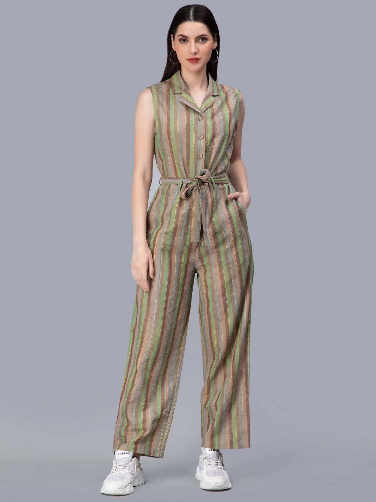 Striped Cuban Collar Waist Tie-Ups Cotton Basic Jumpsuit