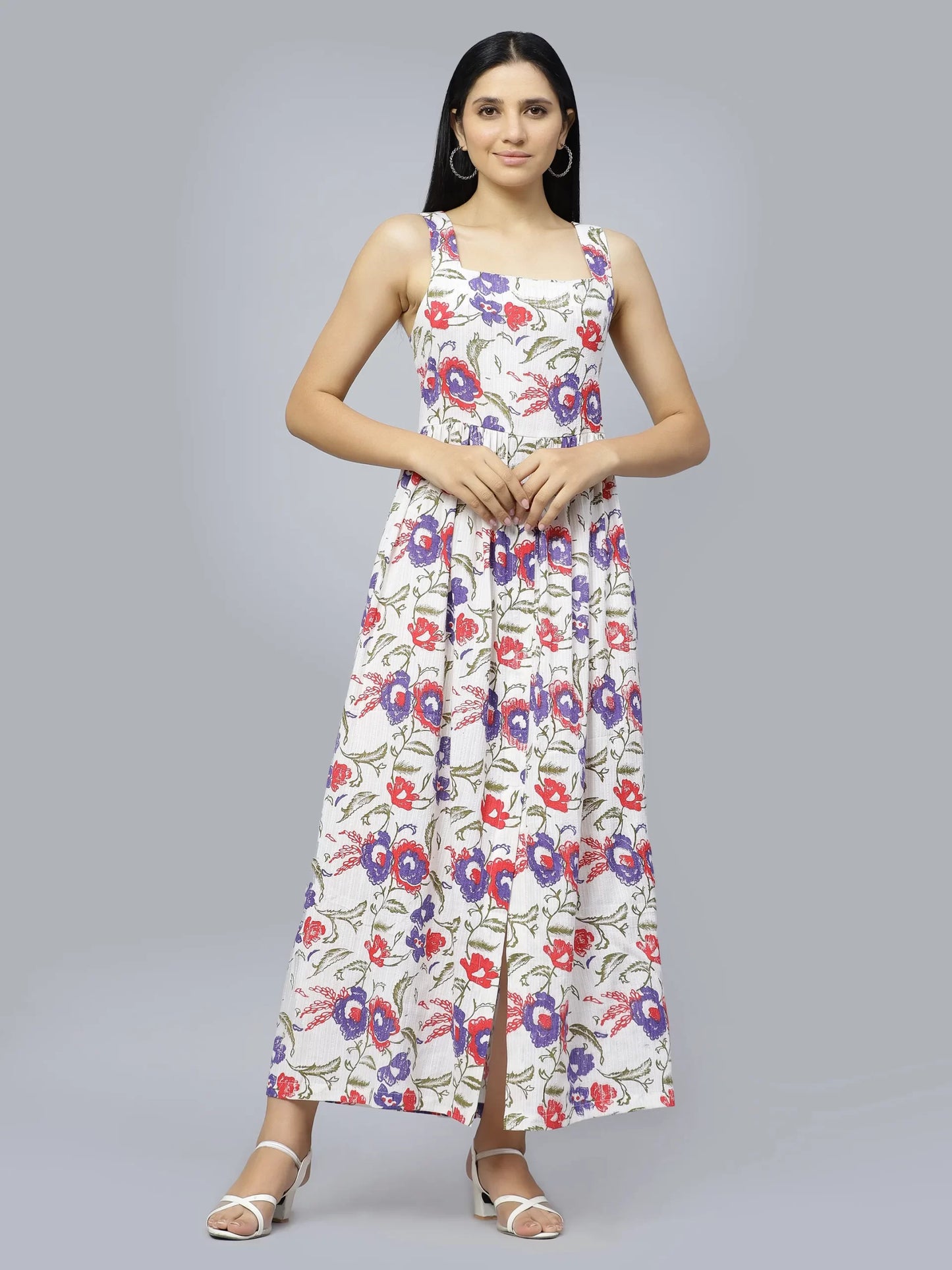 Off White Floral Printed Shoulder Strap Cotton A-Line Dress