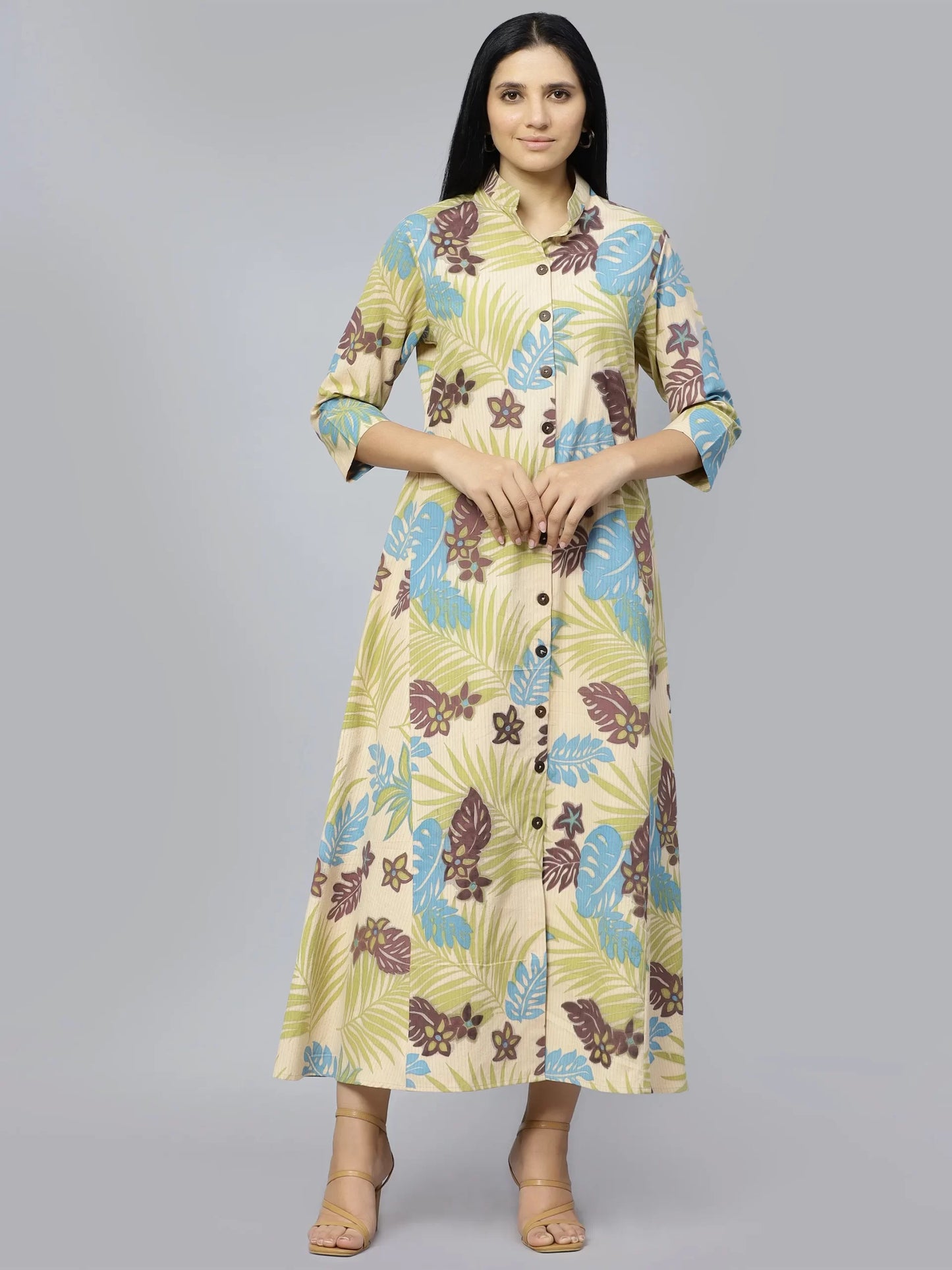 Floral Printed Mandarin Collar Cotton A-Line Dress