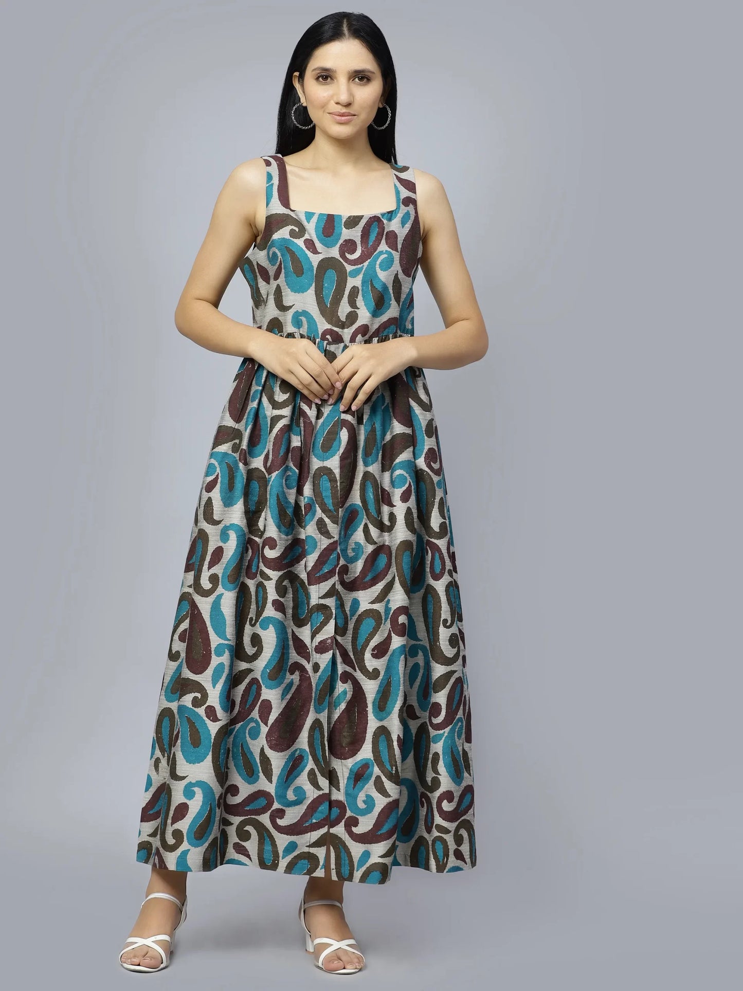 Paisley Ethnic Motifs Printed Shoulder Strap Cotton Fit &amp; Flare Maxi Dress