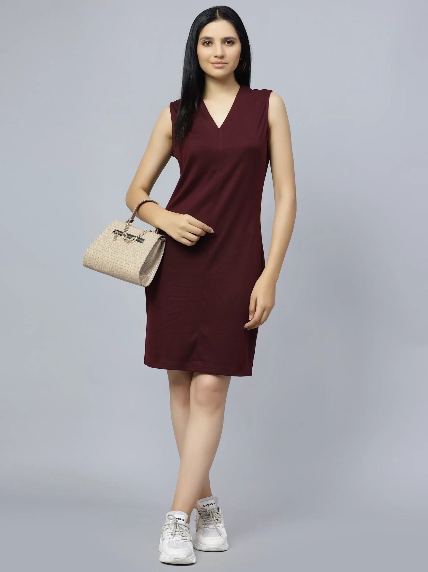 Maroon V-Neck Sheath Dress