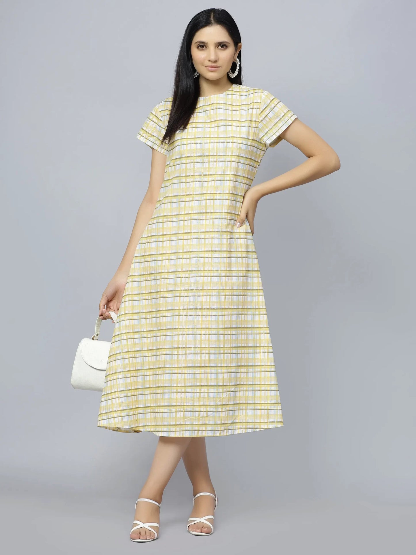 Checked Round Neck Cotton A-Line Midi Dress