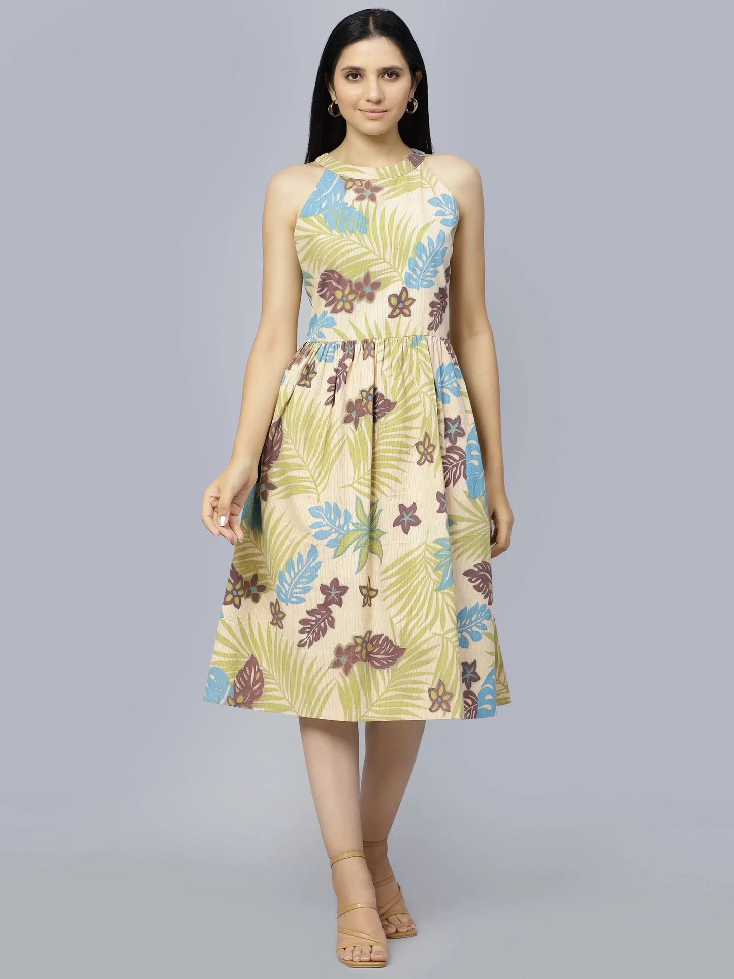 Floral Printed Fit &amp; Flare Cotton Midi Dress