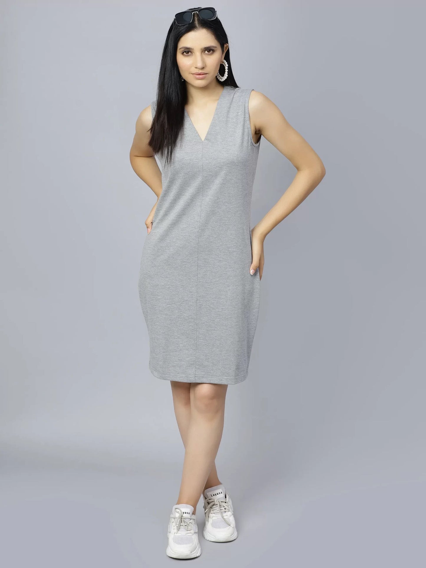 Grey V-Neck Sheath Dress