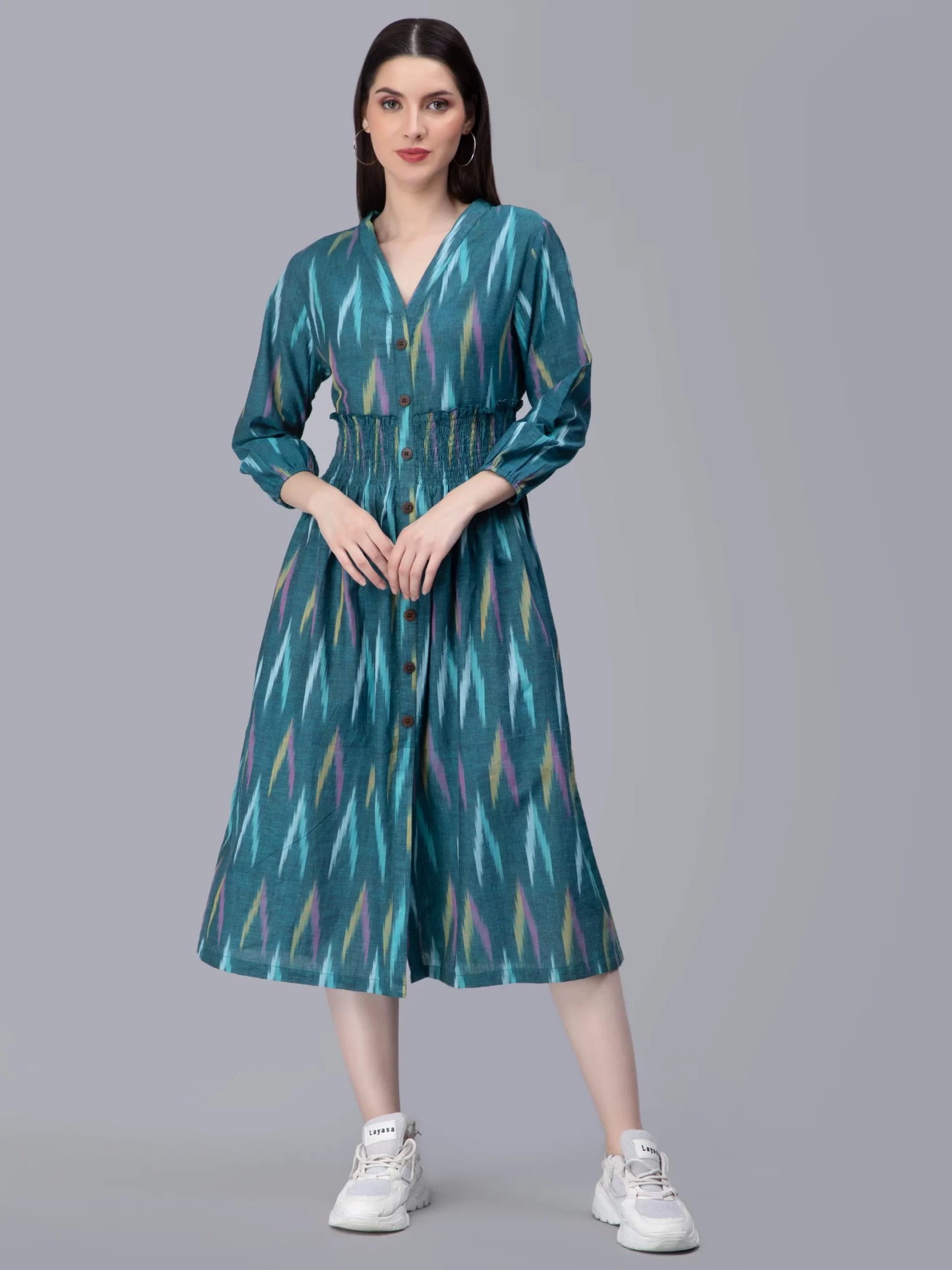 Ethnic Motifs Ikkat Printed V-Neck Smocked Shirt Dress