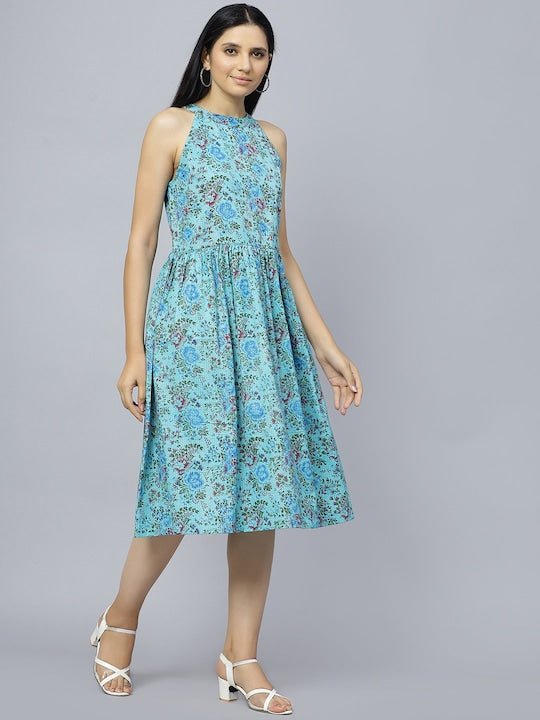 Floral Printed Gathered Cotton A-Line Midi Dress