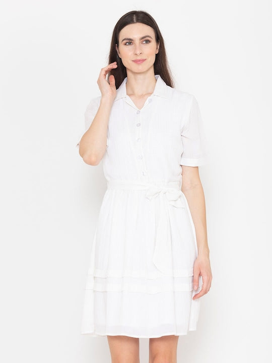 Shirt Collar Short Sleeves Cotton Belted Shirt Dress