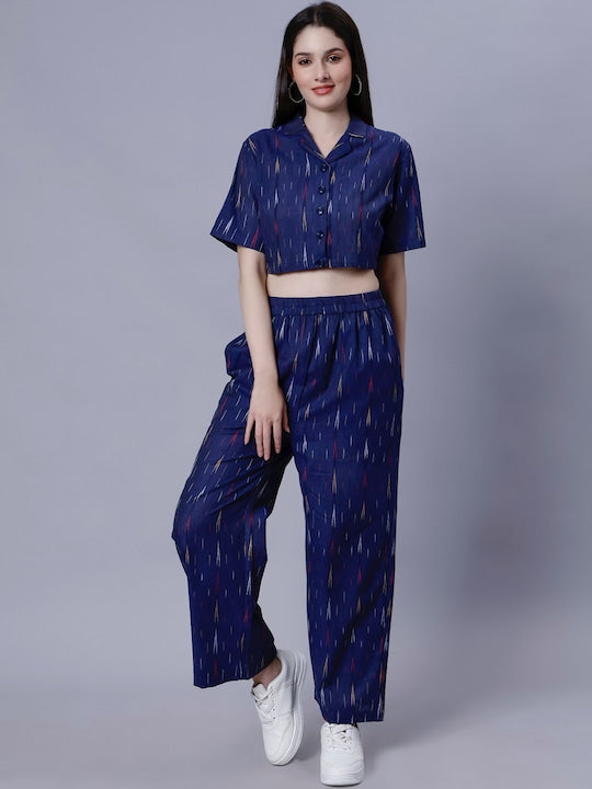 Printed Lapel Collar Pure Cotton Crop Top With Trouser