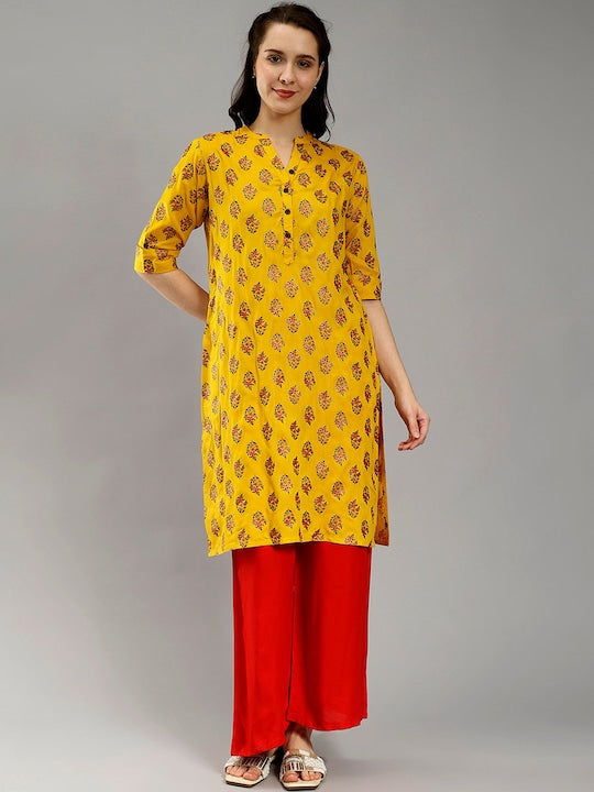 Ethnic Motifs Printed Mandarin Collar Cotton Straight Kurta