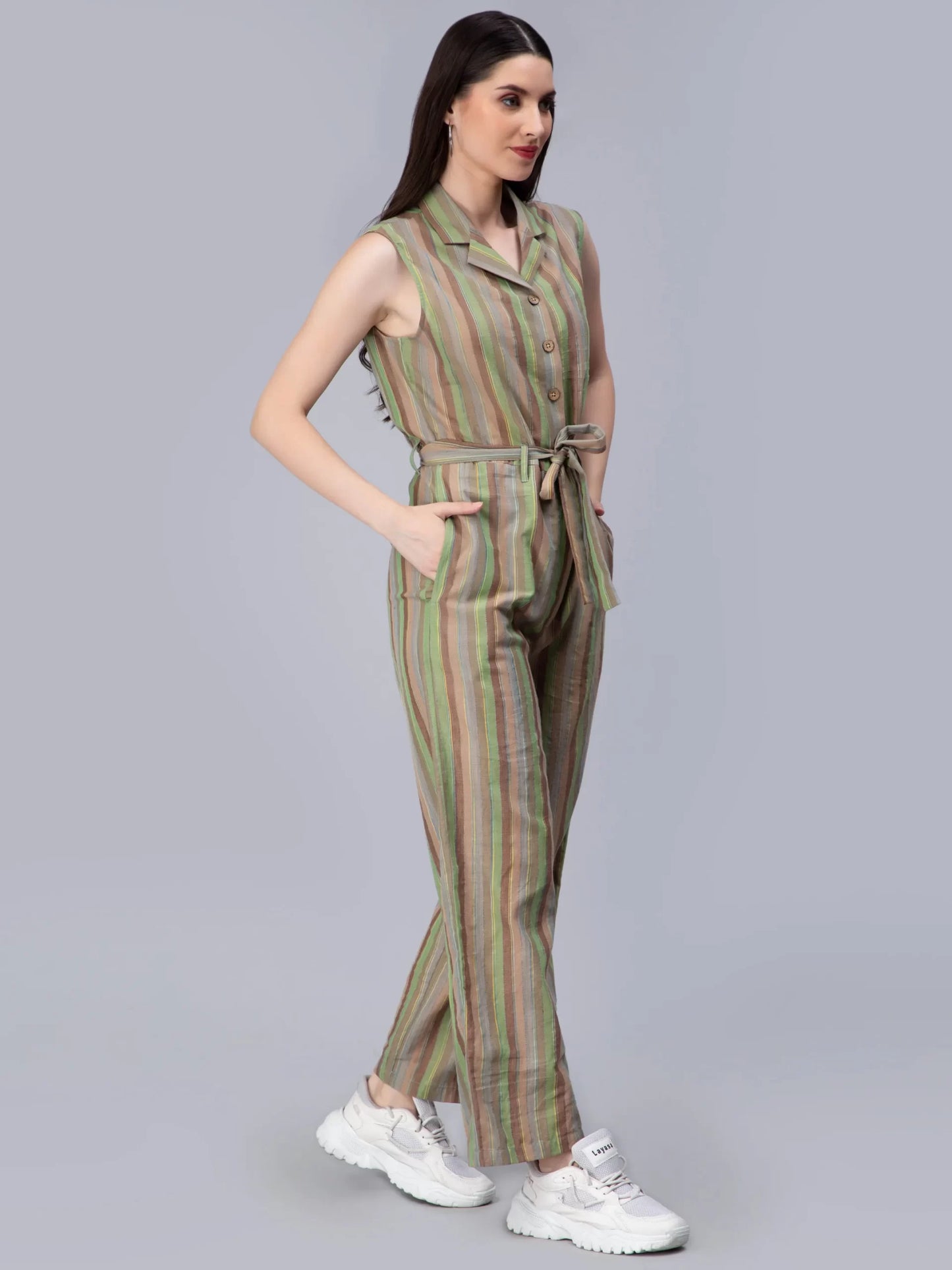 Striped Cuban Collar Waist Tie-Ups Cotton Basic Jumpsuit