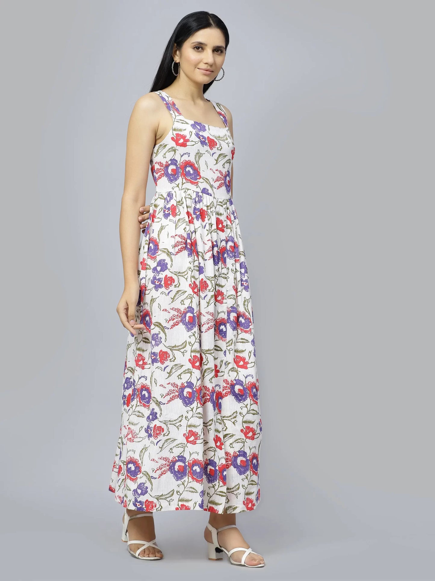 Off White Floral Printed Shoulder Strap Cotton A-Line Dress