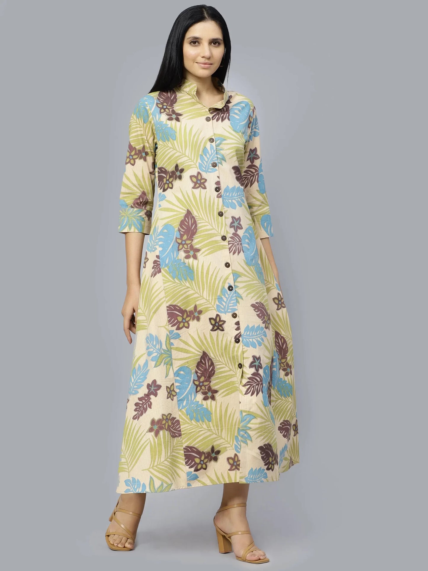 Floral Printed Mandarin Collar Cotton A-Line Dress