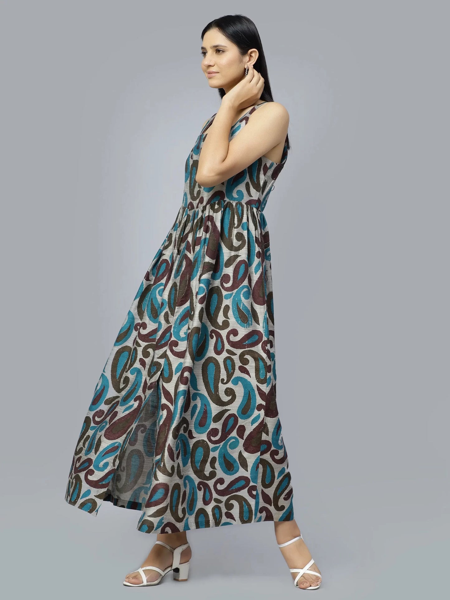 Paisley Ethnic Motifs Printed Shoulder Strap Cotton Fit &amp; Flare Maxi Dress