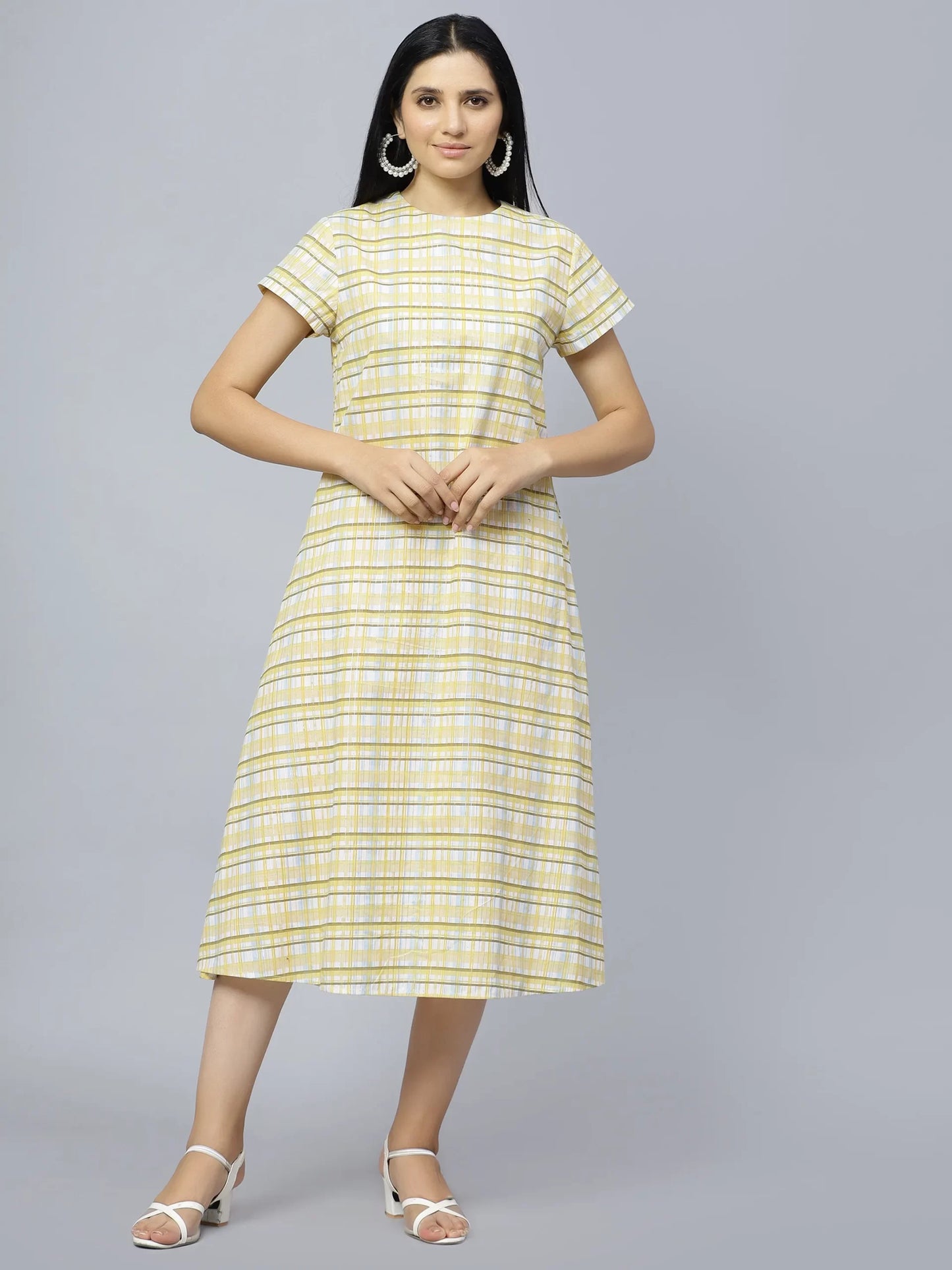 Checked Round Neck Cotton A-Line Midi Dress