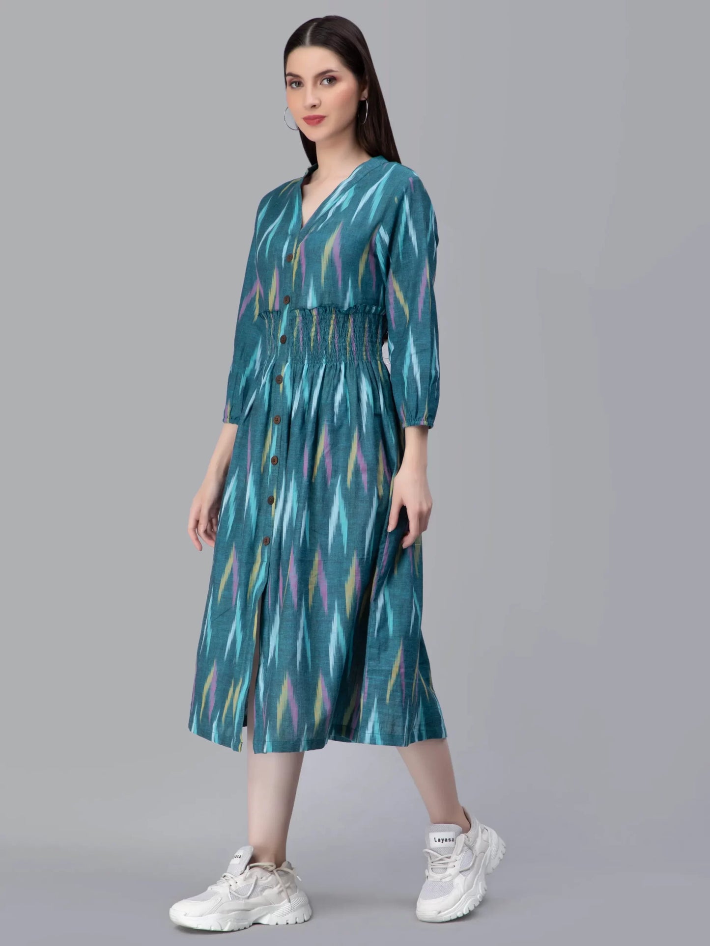 Ethnic Motifs Ikkat Printed V-Neck Smocked Shirt Dress