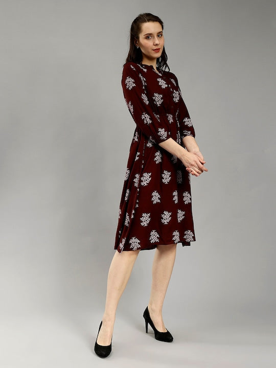 Ethnic Motifs Printed Mandarin Collar Puff Sleeves Cotton Fit &amp; Flare Midi Dress