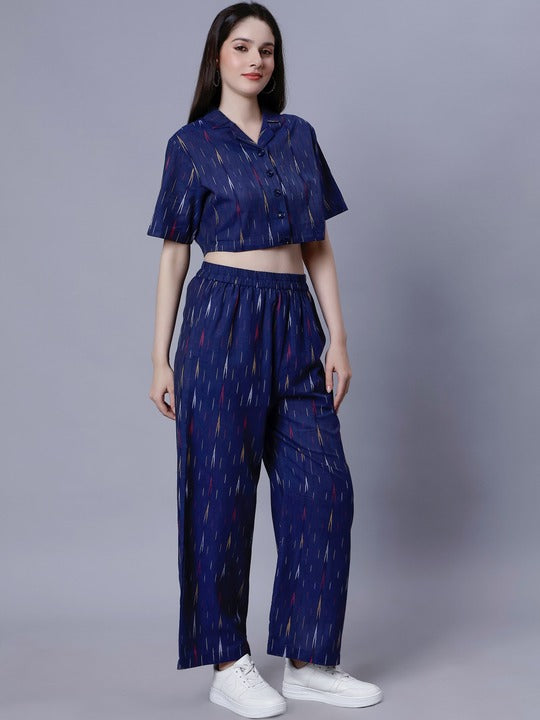 Printed Lapel Collar Pure Cotton Crop Top With Trouser