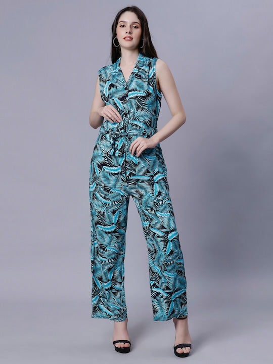 Tropical Printed Notch Lapel Collar Casual Basic Jumpsuit