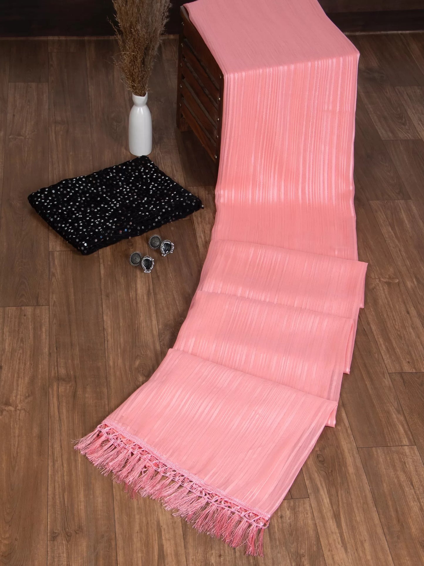 Embellished Striped Peach Saree