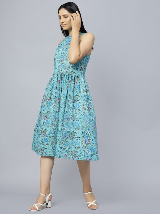 Floral Printed Gathered Cotton A-Line Midi Dress