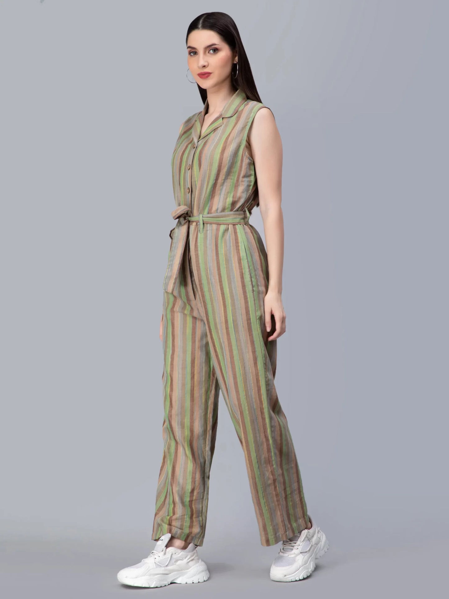 Striped Cuban Collar Waist Tie-Ups Cotton Basic Jumpsuit