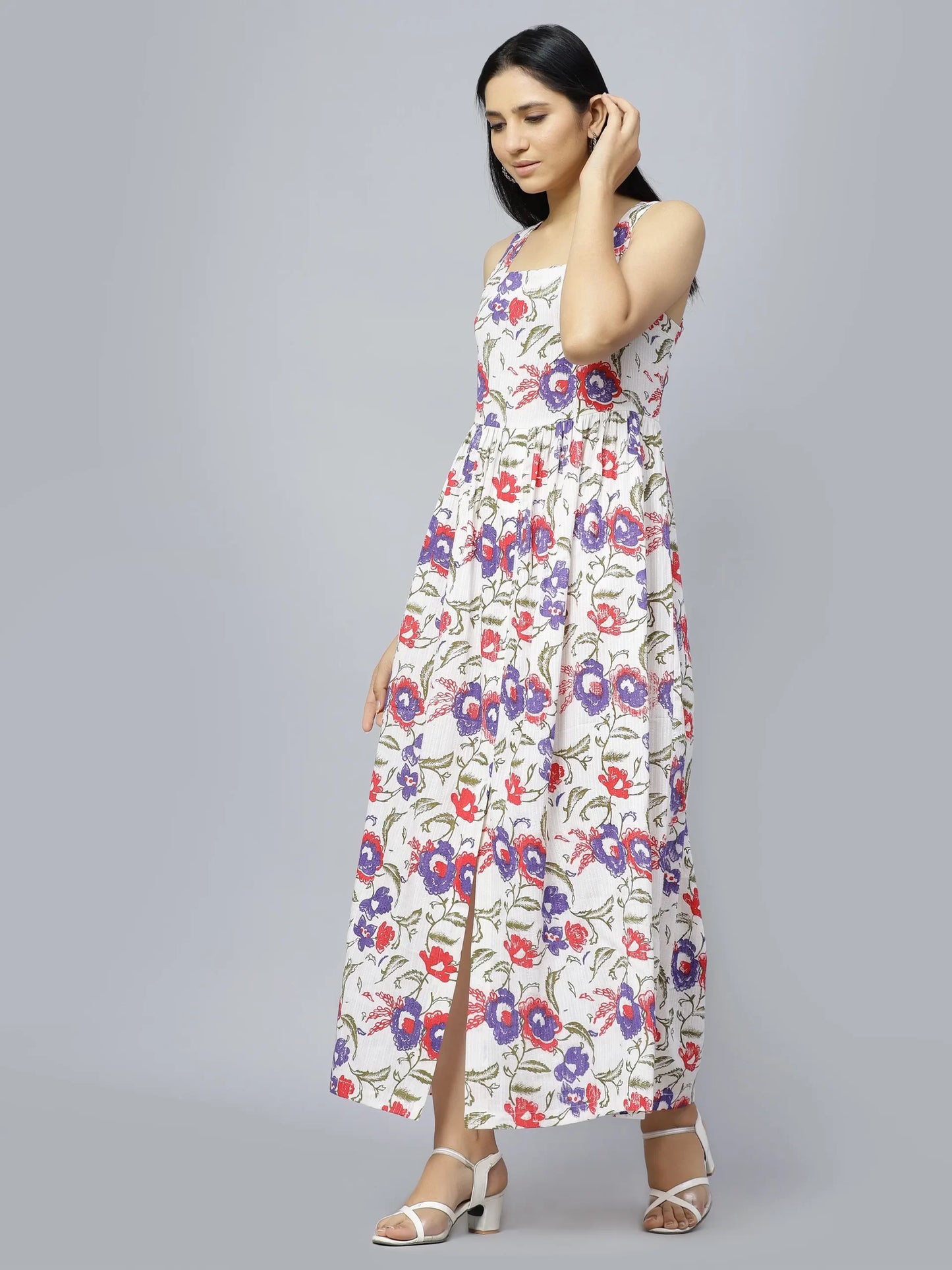 Off White Floral Printed Shoulder Strap Cotton A-Line Dress