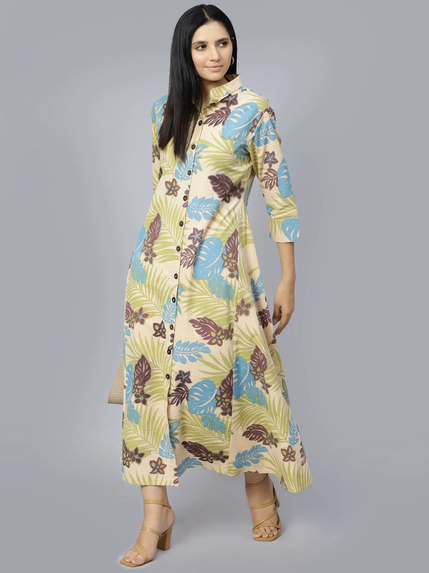 Floral Printed Mandarin Collar Cotton A-Line Dress