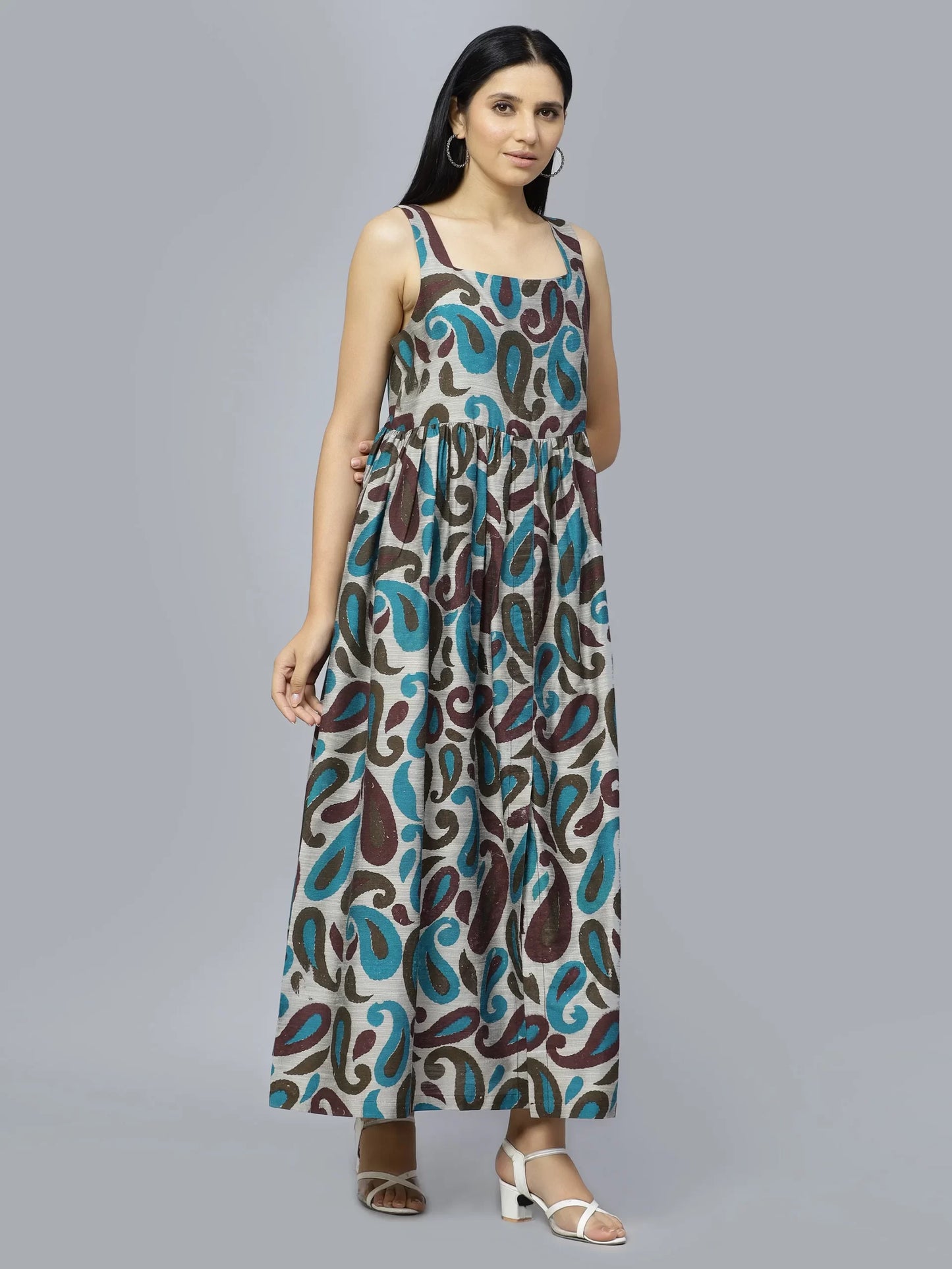 Paisley Ethnic Motifs Printed Shoulder Strap Cotton Fit &amp; Flare Maxi Dress