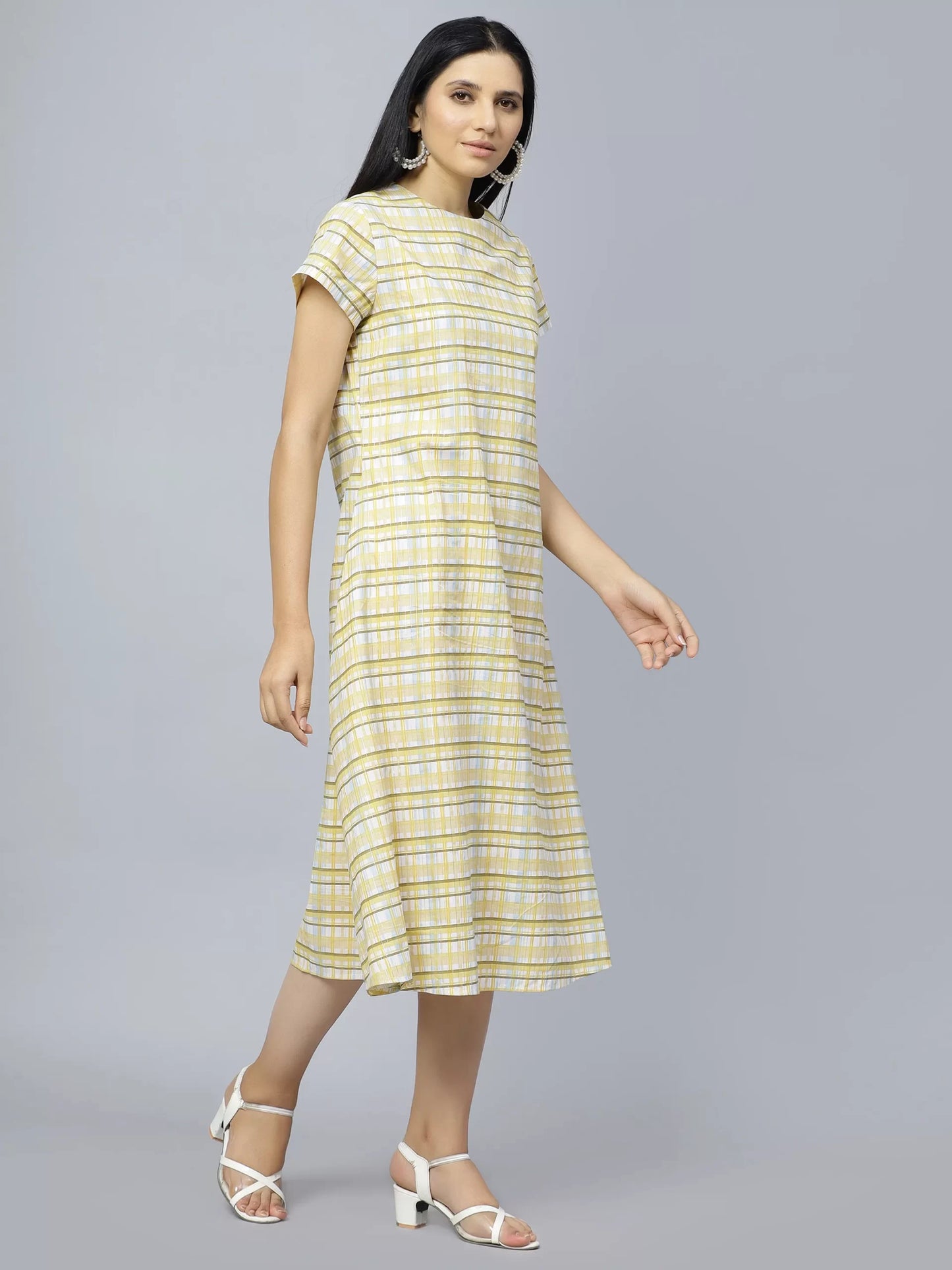 Checked Round Neck Cotton A-Line Midi Dress