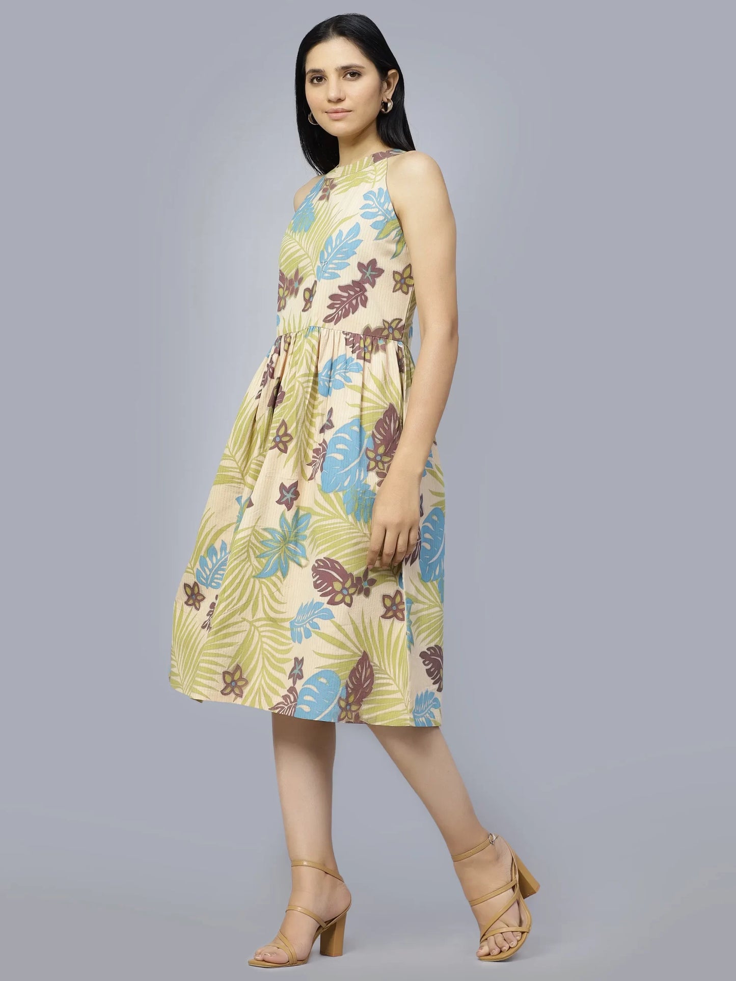 Floral Printed Fit &amp; Flare Cotton Midi Dress