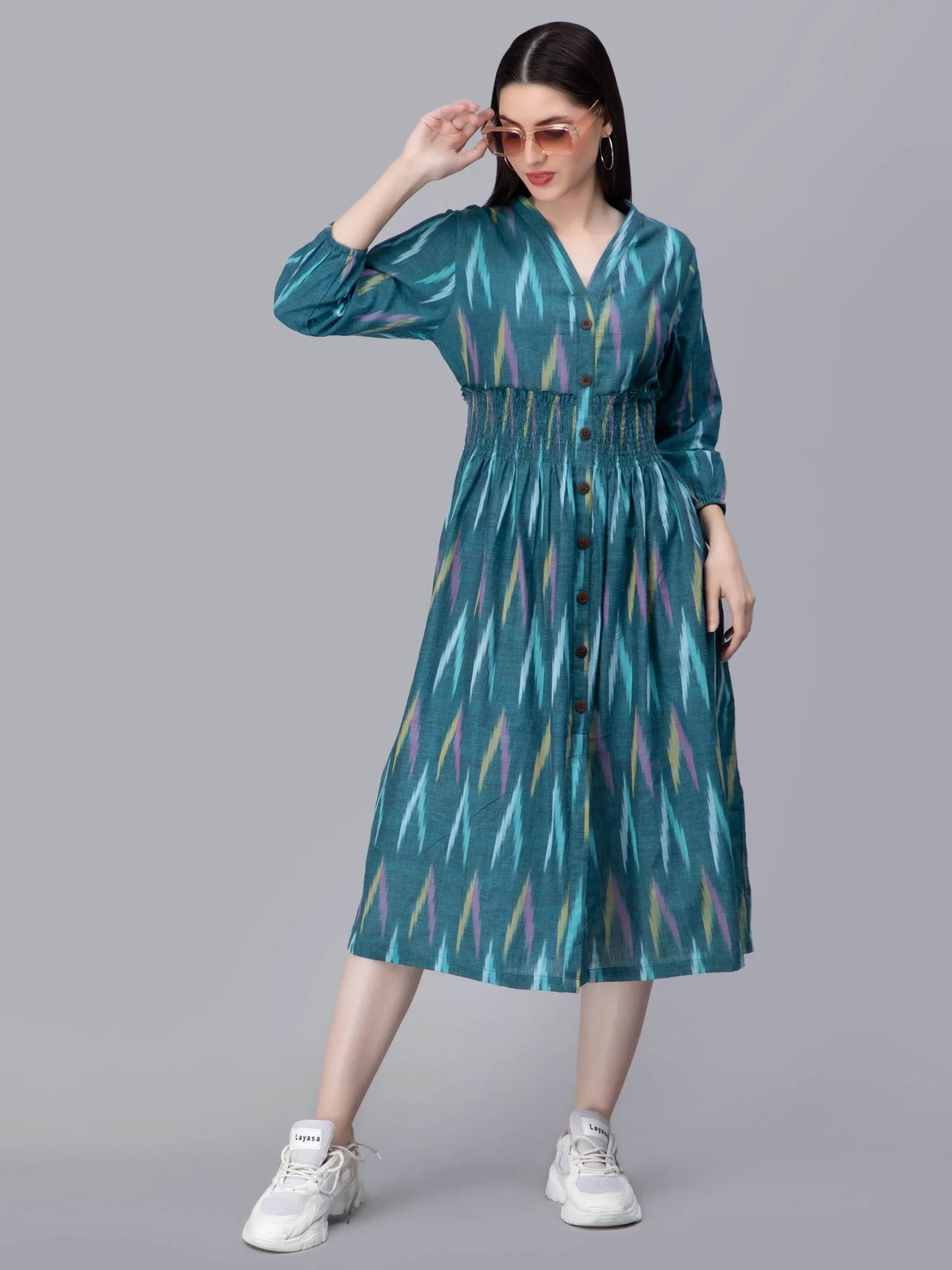 Ethnic Motifs Ikkat Printed V-Neck Smocked Shirt Dress