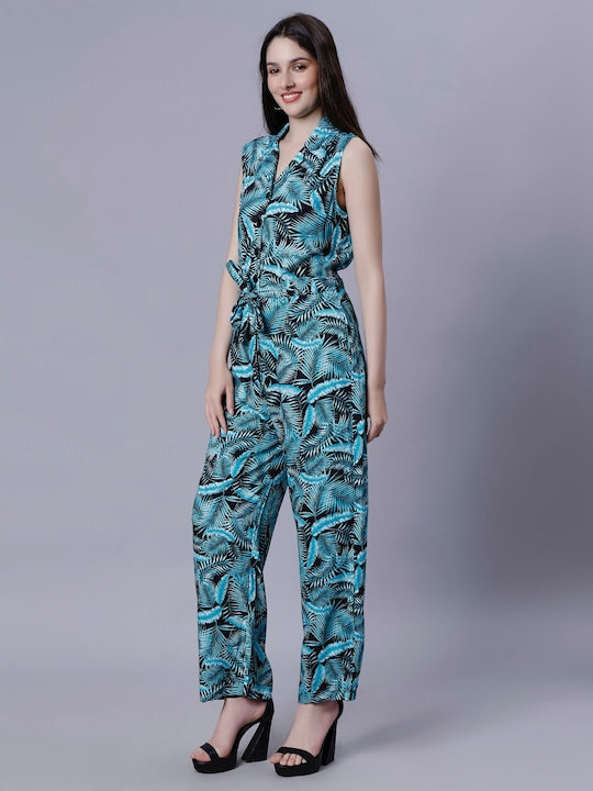 Tropical Printed Notch Lapel Collar Casual Basic Jumpsuit