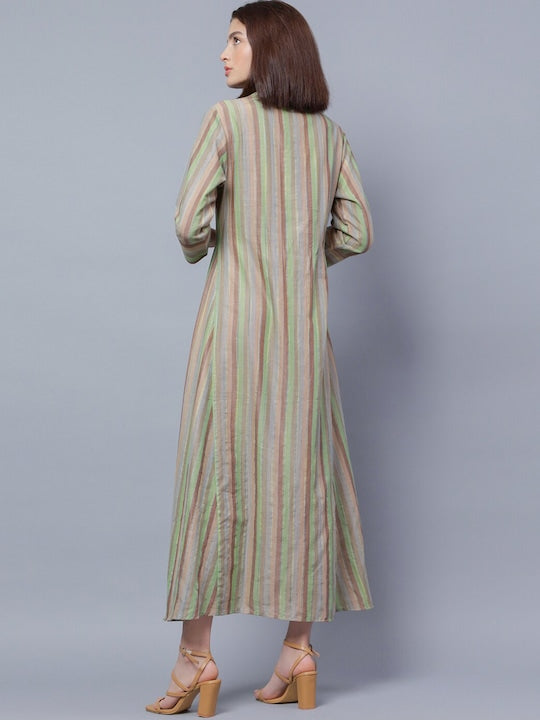 Striped Shirt Collar Cotton Maxi Shirt Dress