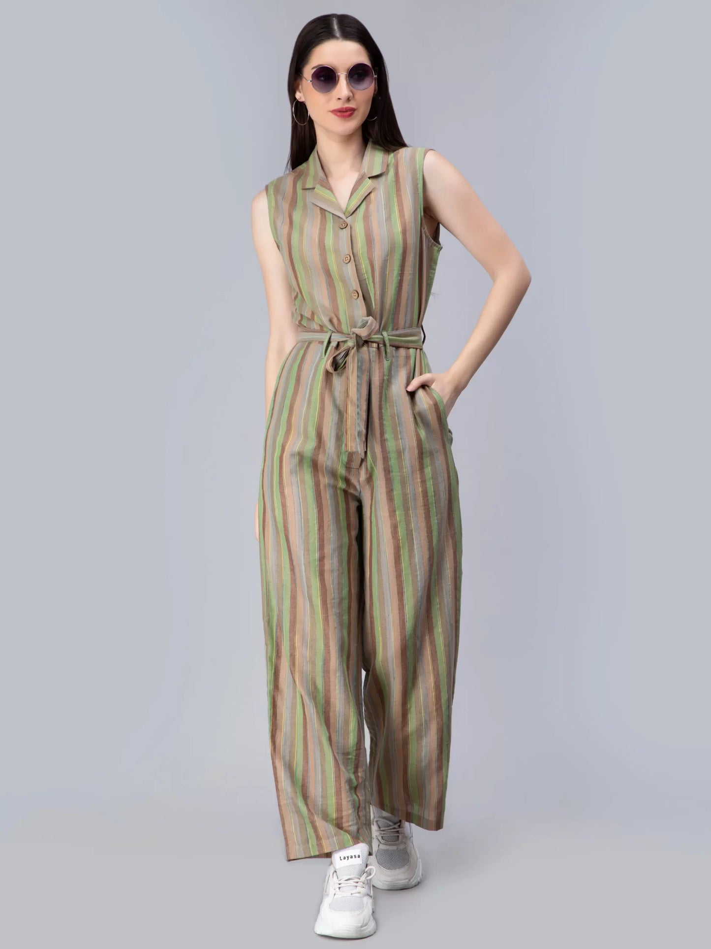 Striped Cuban Collar Waist Tie-Ups Cotton Basic Jumpsuit