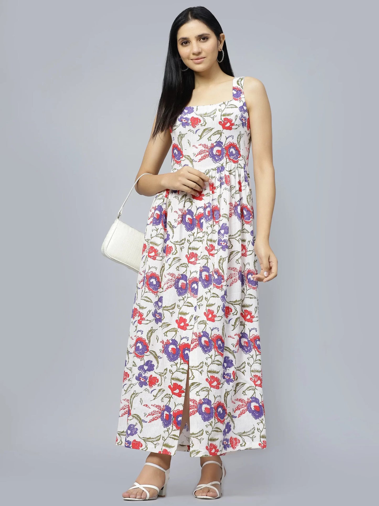 Off White Floral Printed Shoulder Strap Cotton A-Line Dress