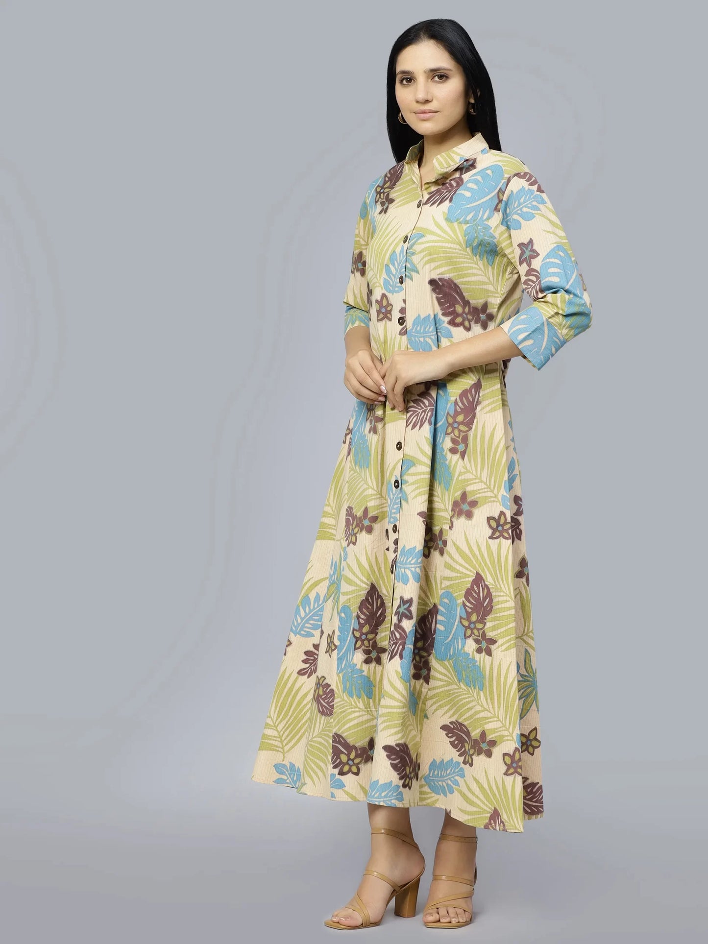 Floral Printed Mandarin Collar Cotton A-Line Dress